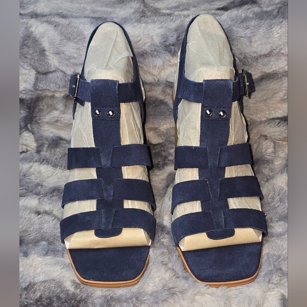 NWB Marc Fisher Fynlee Sandals Dark Blue Suede Cage Block Heel Womens 10 - Picture 4 of 9
